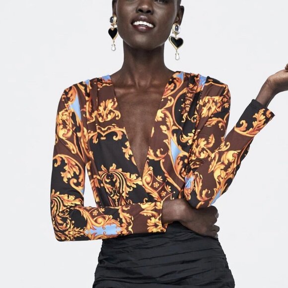 Zara Deep V Elegant Baroque Print Bodysuit - Picture 2 of 16